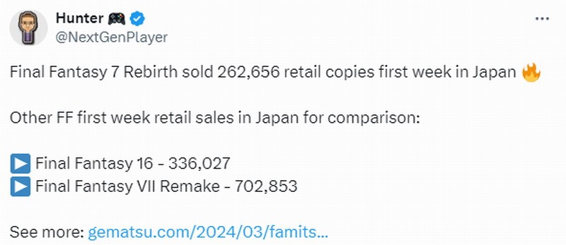 日本游戏市场：实体首发销量低于FF16的22%